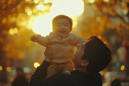 Father and baby sharing a special moment of love and happiness during a beautiful sunsetの素材