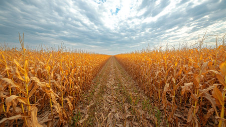 Golden cornfield ready for harvest with a path crossing it under a cloudy skyの素材