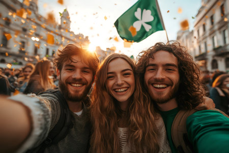 Happy friends taking a selfie during St. Patrick's Day parade, celebrating with Irish flag and golden confettiの素材
