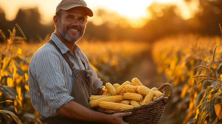 Smiling farmer holding basket full of corn cobs at sunset in cornfieldの素材