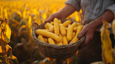 Farmer carrying wicker basket full of freshly harvested corn cobs in cultivated maize field at sunsetの素材