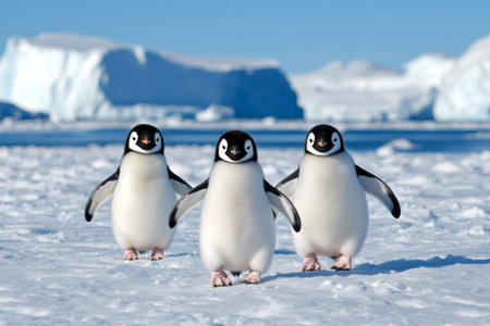 Three emperor penguin chicks walking towards the observer on the Antarctic ice with icebergs in the backgroundの素材