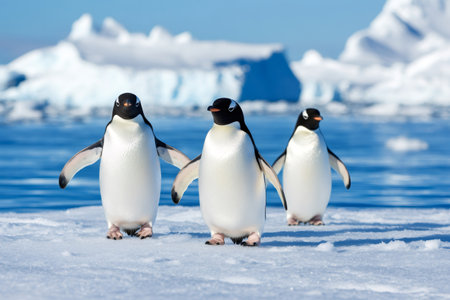 Three gentoo penguins are walking on an ice floe with icebergs and ocean in the backgroundの素材