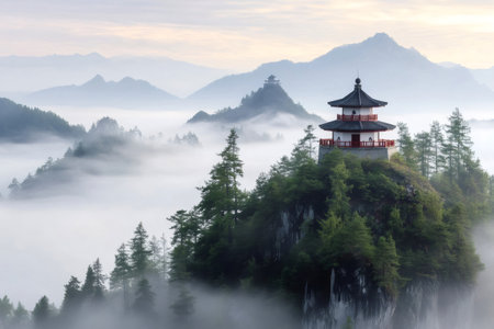 Beautiful pagoda rising from the mist in the mountains of South Korea, inspiring peace and tranquilityの素材