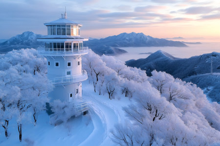 Snow and rime ice covering trees and a meteorological radar station in the mountains during a beautiful sunriseの素材