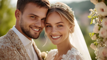 Happy newlywed couple smiling and posing together on their wedding dayの素材