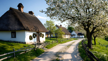 Dirt road passing near old rural white houses with thatched roof and blooming cherry tree in Hungary, during springの素材