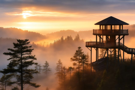 Scenic overlook providing breathtaking views of the misty forest landscape during a golden sunriseの素材