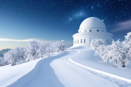 Winding road leading to Griffith Observatory covered in snow under a clear starry night skyの素材