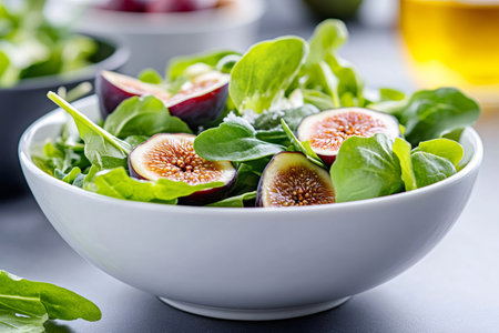 Sliced fresh figs are combined with baby spinach and crumbled cheese, creating a vibrant and healthy saladの素材