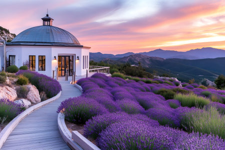 Breathtaking sunset over lavender field with modern building and wooden walkway in the foregroundの素材