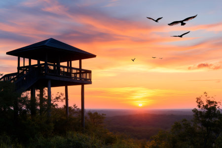Birds are flying over a wooden observation tower silhouetted against a beautiful sunsetの素材