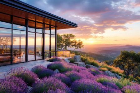 Beautiful lavender field in front of a modern glass house on a hill overlooking a valley at sunsetの素材