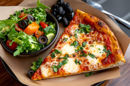 Tasty margherita pizza slice with melted mozzarella, tomato sauce, basil and oregano served with fresh salad with black olivesの素材
