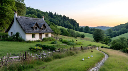 Tranquil rural scene with geese walking on a path by an old cottage in the French countryside at sunsetの素材