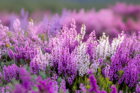 Vibrant heather flowers blooming in shades of pink and white, creating a colorful natural tapestryの素材