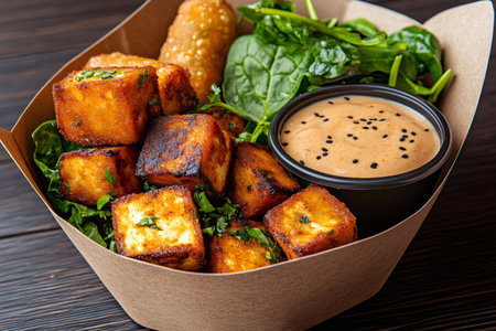 Delicious vegan meal with crispy fried tofu, spring rolls and spinach, served with sauce in a takeaway boxの素材