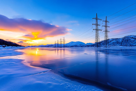 Electricity pylons reflecting on a frozen lake at sunset, creating a beautiful and serene winter landscapeの素材