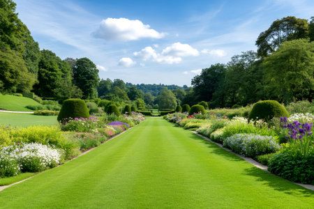 Perfectly mown grass path dividing blossoming flowerbeds in a classic formal garden under a blue skyの素材