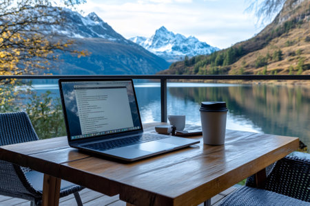 Working remotely from a beautiful mountain chalet with laptop, coffee and amazing viewの素材