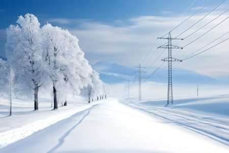 Electricity pylons crossing beautiful winter landscape with snow covered road and frozen treesの素材