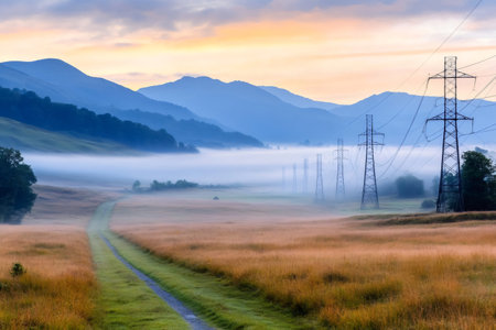 Electricity pylons crossing a foggy valley at dawn, with a dirt road and mountains in the backgroundの素材