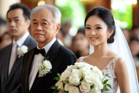 Elegant bride holding white roses bouquet walking with father in churchの素材