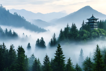 Misty morning atmosphere in the Bavarian Alps with a traditional Chinese style tea house on a hillの素材