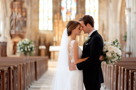 Bride and groom embracing in a church during their wedding ceremony, surrounded by beautiful stained glass windows and wooden pewsの素材
