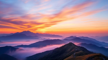 Stunning sunrise creating a vibrant spectacle of color and light over a mountain range shrouded in fogの素材