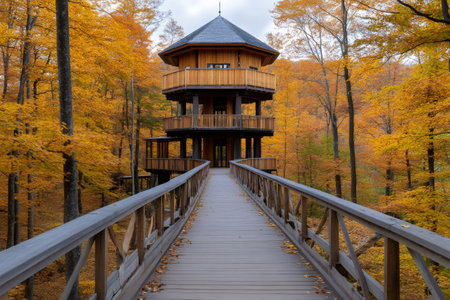 Scenic view of a wooden walkway leading to a watchtower surrounded by vibrant autumn foliageの素材