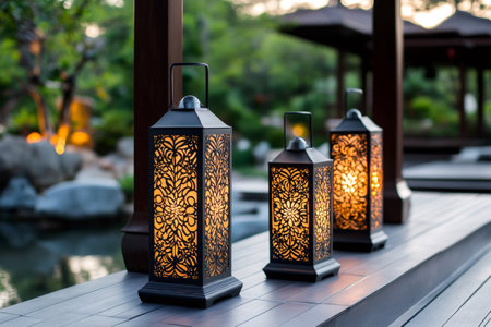 Metal lanterns with intricate floral patterns creating a warm and inviting atmosphere in a serene garden settingの素材