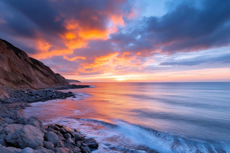 Golden sunrise paints the sky with vibrant colors over a rocky beach with gentle waves lapping at the shore below dramatic cliffsの素材