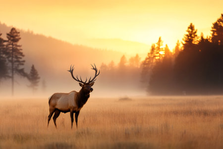 Large male elk with antlers standing in a meadow at sunrise with fog and trees in the backgroundの素材