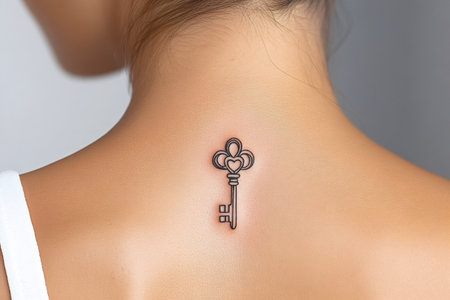 Close-up of a delicate key tattoo on a woman's back, symbolizing secrets, possibilities, or new beginningsの素材