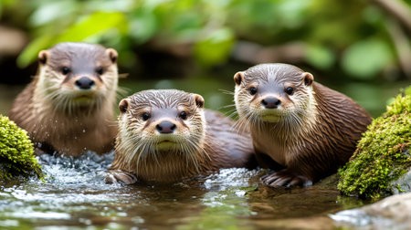 Three European otters are emerging from a river in their natural habitatの素材