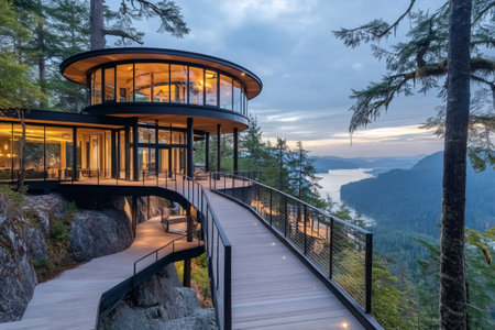 Illuminated modern architecture with large windows overlooking a bay at sunset, located on a forested mountainの素材