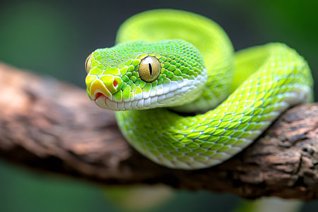 Close-up of a vibrant green snake coiled around a branch, its scales shimmering in the lightの素材