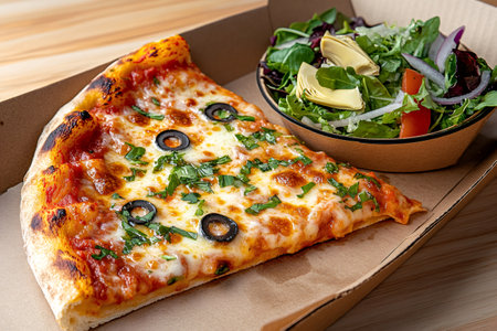 Slice of pizza with melted mozzarella cheese, black olives, tomato sauce and herbs served with a fresh saladの素材