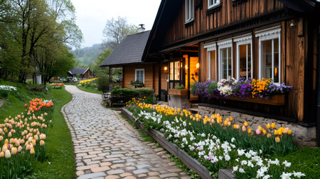 Beautiful spring scene with a cobblestone path winding through a charming village with traditional wooden houses adorned with colorful tulips and daffodilsの素材