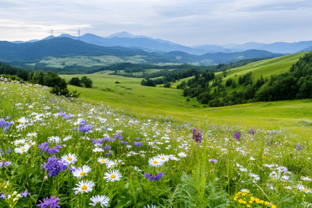Beautiful mountain landscape with blooming wildflowers in the foreground and mountains in the backgroundの素材