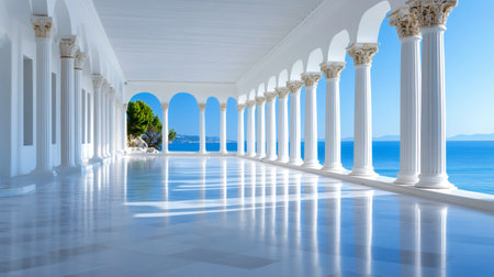 Scenic view of a white marble colonnade overlooking the calm blue sea, creating a tranquil and elegant atmosphereの素材