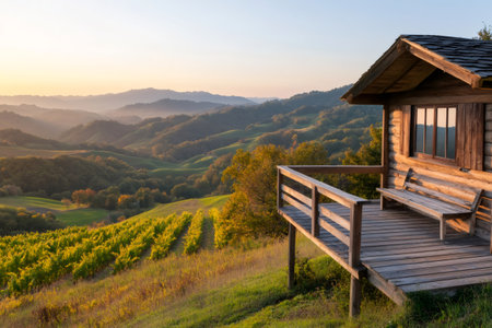 Charming wooden cabin with a deck offering breathtaking views of vineyards and rolling hills, bathed in the warm glow of sunsetの素材