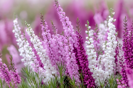 Close-up of colorful heather flowers creating a beautiful natural backgroundの素材