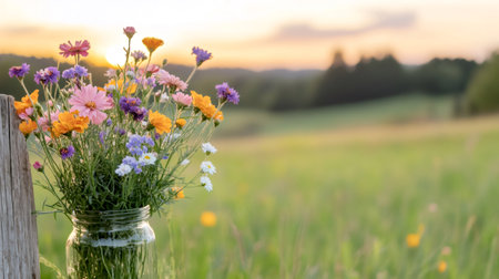 Wildflowers in a glass jar hanging on a wooden fence post in a field at sunsetの素材
