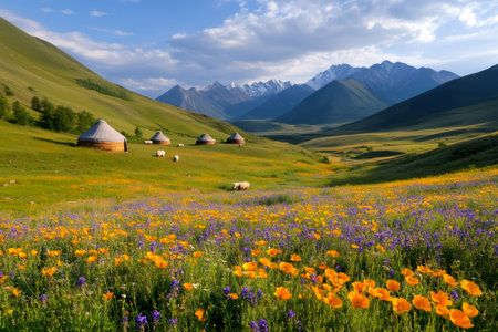 Sheep grazing peacefully amidst colorful wildflowers in a serene mountain valley dotted with traditional yurtsの素材