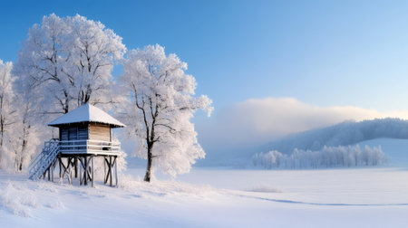 Winter landscape showing a wooden hut and snow covered trees and hills in the backgroundの素材