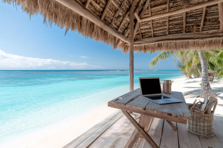 Freelancer working remotely from exotic beach under straw hut enjoying beautiful tropical sceneryの素材