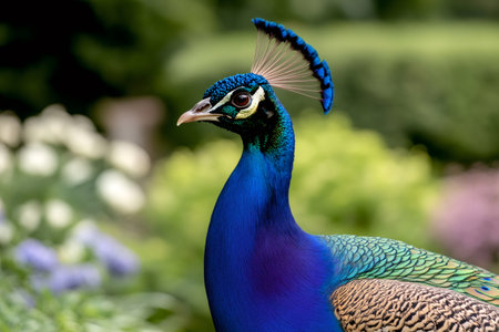 Close-up of an Indian peafowl displaying its vibrant and iridescent plumage in profileの素材