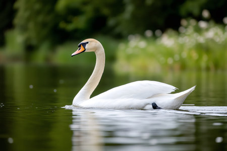 Majestic white swan gracefully swimming in a peaceful lake, surrounded by lush greenery, creating a serene natural sceneの素材